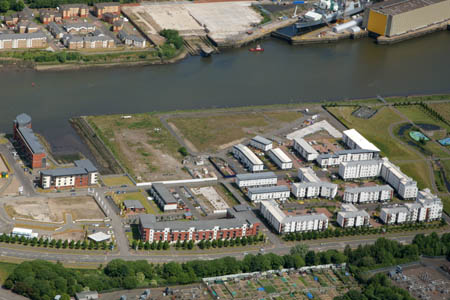 Aerial view of Ferry Village on the south bank, May 10